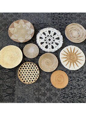 Boho Woven Wall Basket Set Natural Seagrass Rattan Gallery Wall Decor (9 Pieces)